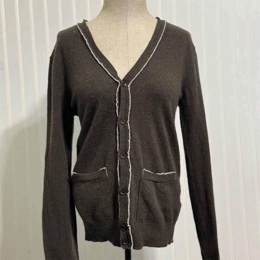 SISLEY 80% Wool Cardigan Sweater M Dark Brown Contrast Stitching Elbow Patches
